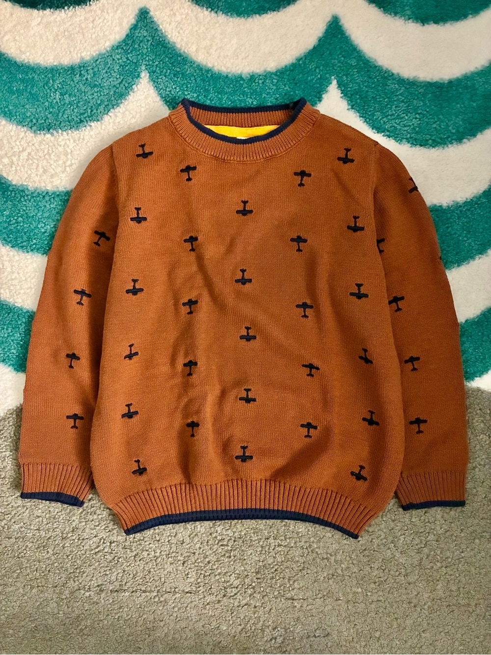 Gymboree Embroidered Planes Cotton Sweater (Cognac/Navy) Size 7